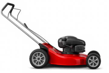 Red lawn mower isolated on transparent background, gardening tool