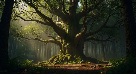 Majestic old-growth forest bathed in morning light, showcasing a towering tree with intricate branches and roots.