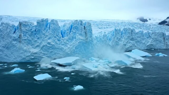 Glacier calving creating large splash and waves. Melting ice wall with breaking icebergs as a natural climatic event. Footage.