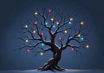 Obraz premium A bare tree adorned with colorful christmas lights against a dark blue background