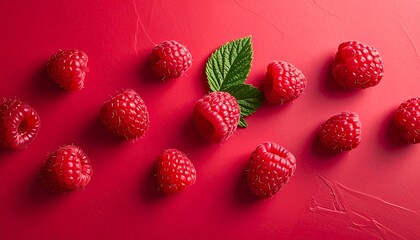 Fresh red raspberries scattered on a vibrant red background with a single green leaf.