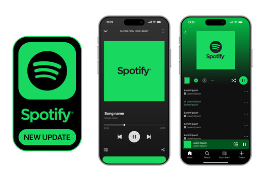 Spotify Music App Interface Mockup with Playlists, Albums, Podcasts, Library, Search, Liked Songs, Playback Controls, and Recommendations for Streaming Platform Vector Illustration