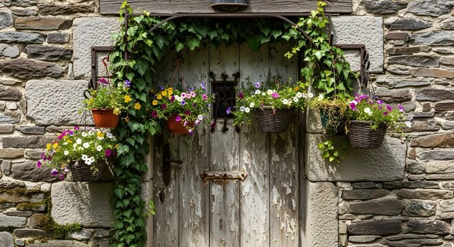 Rustic Wooden Door with Flowers