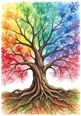 Naklejka premium Watercolor painting of a tree with rainbow colored leaves and a brown trunk