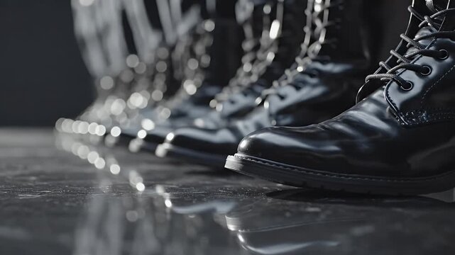 Cinematic Close-up of Highly Polished Black Combat Boots Lined Up in Precise Military Formation, Symbolizing Duty and Discipline.