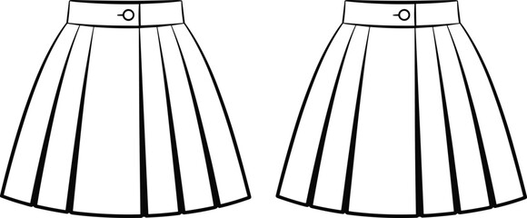 women pleated skirt cad drawing, flat fashion vector illustration, front and back view template, elegant skirt design for apparel