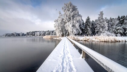 A snowy lakeside pier extends to frozen trees. Winter landscape features a dark, reflective lake with a clouded sky and distant treeline