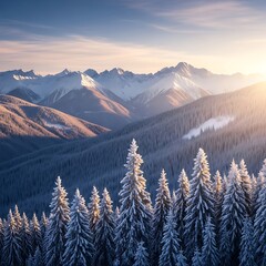 A breathtaking winter scene showcases snow-covered pine trees rising against a backdrop of majestic, snow-capped mountains bathed in the golden light of sunrise.