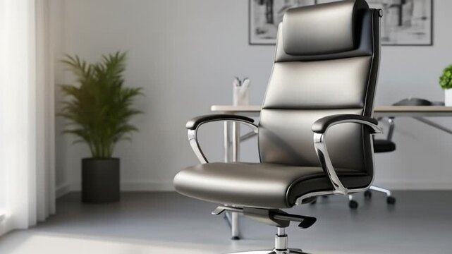 Modern black office chair in a bright room  Features padded backrest and armrests, sleek design, and a chrome base