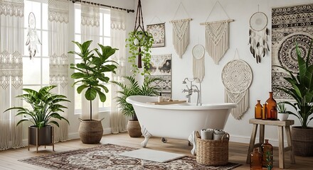 A serene, bohemian bathroom boasts a white freestanding tub, lush greenery, and macrame wall hangings, creating a relaxing and stylish space.
