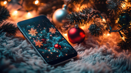 close-up of smartphone screen showing festive e-card, lights in background, digital Christmas trend,