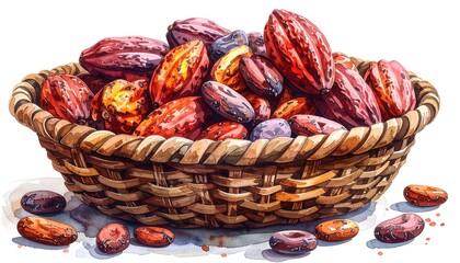 Watercolor rendering of ripe cacao pods in a woven basket