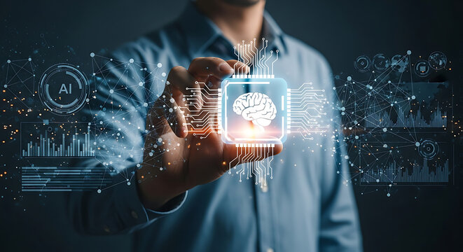 Businessman Holding AI Brain Chip &ndash; Futuristic Artificial Intelligence Technology Concept