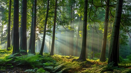 Obraz premium Tranquil Forest Landscape in Soft Morning Mist with Towering Douglas Fir Trees, Golden Sunlight Filtering Through Canopy, Lush Emerald Ferns and Fallen Leaves on Forest Floor