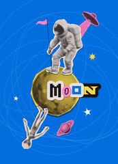 Space surreal collage poster With An Astronaut and Alien on the moon in outer space. Humor funny Concept . Flat vector illustration with torn out paper stickers and letters. © LanaSham