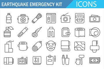 Flat line safety icons of first aid and essential disaster supplies