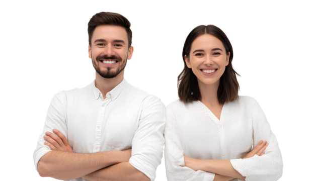smiling male and female advertising agency staff, transparent background