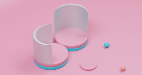 Minimalist 3D pastel podiums and spheres on pink — modern, abstract composition ideal for product mockups, presentations, or creative design concepts.