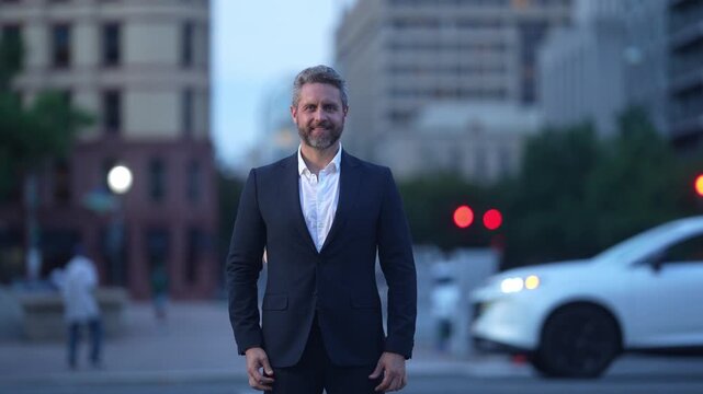Leader man outdoor at business break. Successful businessman in big city. Professional business man wear suit. Business boss man. Successful business. Success and ambition. 4k footage