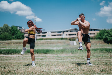 Two people are engaged in physical exercise outdoors on a sunny day, performing dynamic movements in an open field, emphasizing fitness, determination, and a healthy lifestyle.