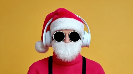 A man in a Santa hat and sunglasses is wearing headphones. The image has a festive and playful mood, as the man is dressed in a Santa outfit and is wearing headphones