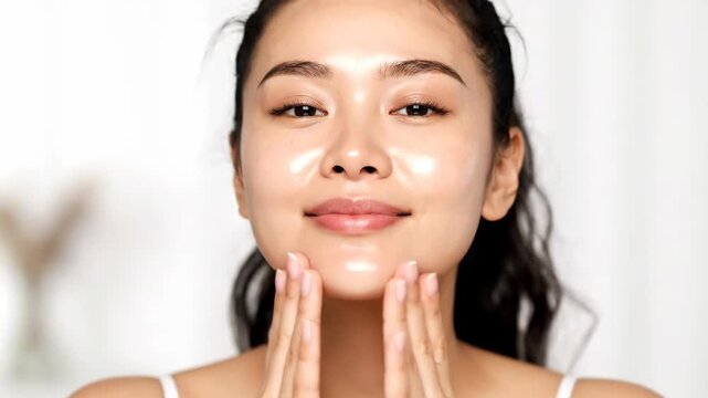 Young asian woman applying face cream on forehead, massaging chin and cheeks for skincare routine, beauty and cosmetic footage.