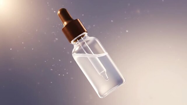 Clear dropper bottle with liquid cosmetic product in a dynamic sequence, falling in slow motion with glittering particles, beauty serum animation.