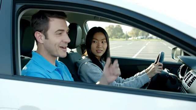 Man instructor teaching Asian woman student to drive car in different situations for driving lesson, motion footage