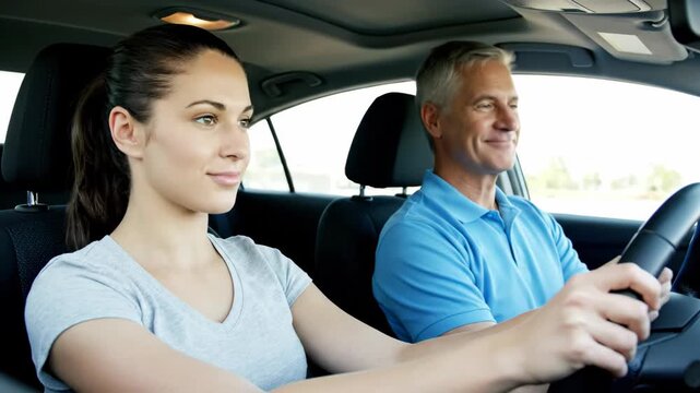 Woman learner driver receiving instruction from a driving instructor in a car footage