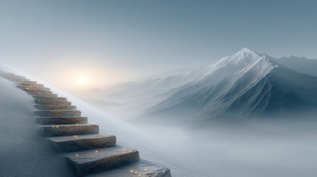 Stone staircase leading up snowy mountain peak at sunrise representing success and achievement - Powered by Adobe