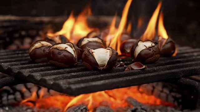 Chestnuts roast over an open fire, their shells bursting from the heat.