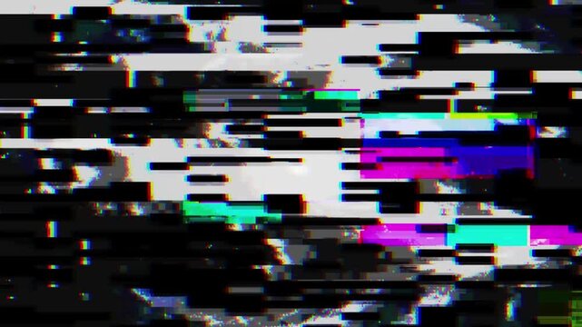 Abstract digital glitch art with distorted signal, noise, and pixelation creates a visually striking and chaotic aesthetic, perfect for modern designs
