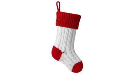 Hand-knitted white and red cable knit stocking with textured design