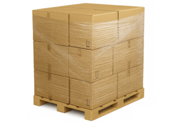 Stack of cardboard boxes wrapped in plastic on wooden pallet with transparent background