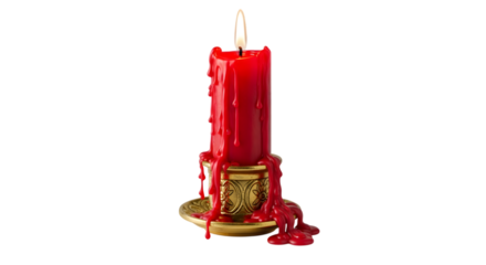Molten red candle wax drips on gold ornate candle holder decoration isolated