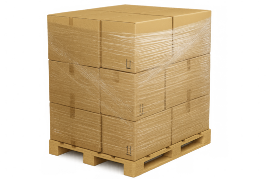 Stack of cardboard boxes wrapped in plastic on wooden pallet with transparent background
