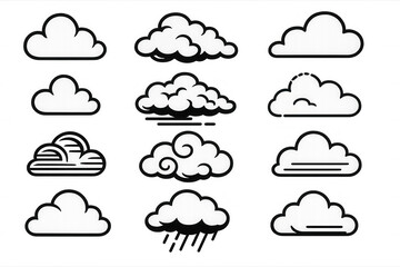 Cloud vector icons set representing different weather conditions on a transparent background