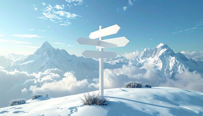 A snowy mountaintop scene features a white signpost pointing in multiple directions, set against a backdrop of towering peaks and a clear blue sky