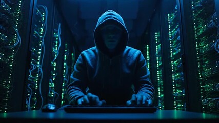 Young man in a hoodie typing on keyboard in a server room, hacker or programmer working in a data center footage - Powered by Adobe