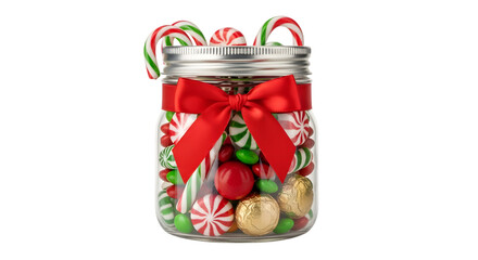 Mason Jar Filled with Assorted Candies Adorned with Red Bow Transparent Background