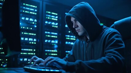 Man hacker in a hoodie typing on keyboard, working in a dark data center at night. Cyber security and internet crime footage. - Powered by Adobe
