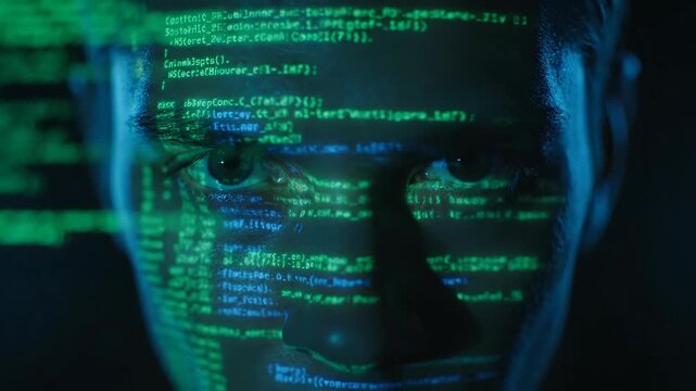 Man with green digital code projected on his face. Hacker working on computer with encrypted data. Cyber security footage.