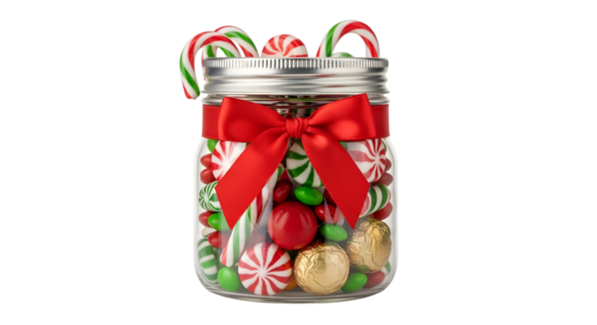 Mason Jar Filled with Assorted Candies Adorned with Red Bow Transparent Background