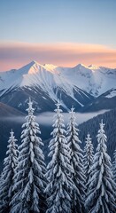 Snowy peaks and frosted pines rise against a tranquil, rosy sunrise in a breathtaking mountain landscape.