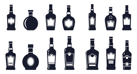 Collection of various dark liquor bottles and spirits in a clean silhouette style on a white background