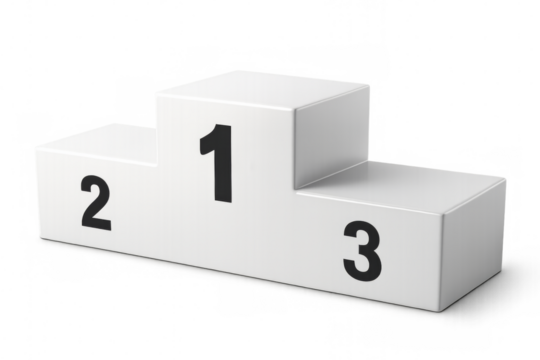 White winners podium with numbers one two and three showing winning positions on transparent background