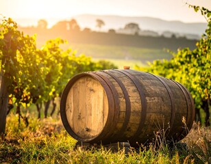 Wooden barrel in vineyard at sunset, with golden light and rolling hills