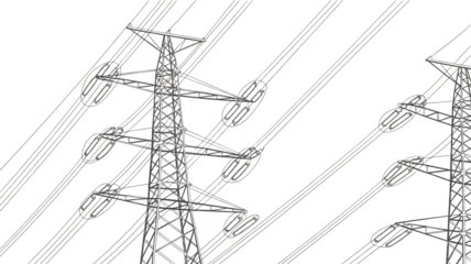 Power transmission lines and towers, engineering design blueprint showcasing electricity grids with detailed structure, ideal for energy infrastructure concepts