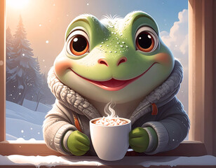 Cozy Winter Frog: A charming animated frog, bundled in a warm sweater, gazes out a window with a comforting cup of hot beverage in hand, against a snowy winter backdrop.