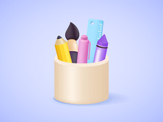 Pencil cup with colorful pens, wax crayons, brushes, and rulers, playful creative stationery for kids, school, and office desk. Quirky  3D vector illustration - updated version